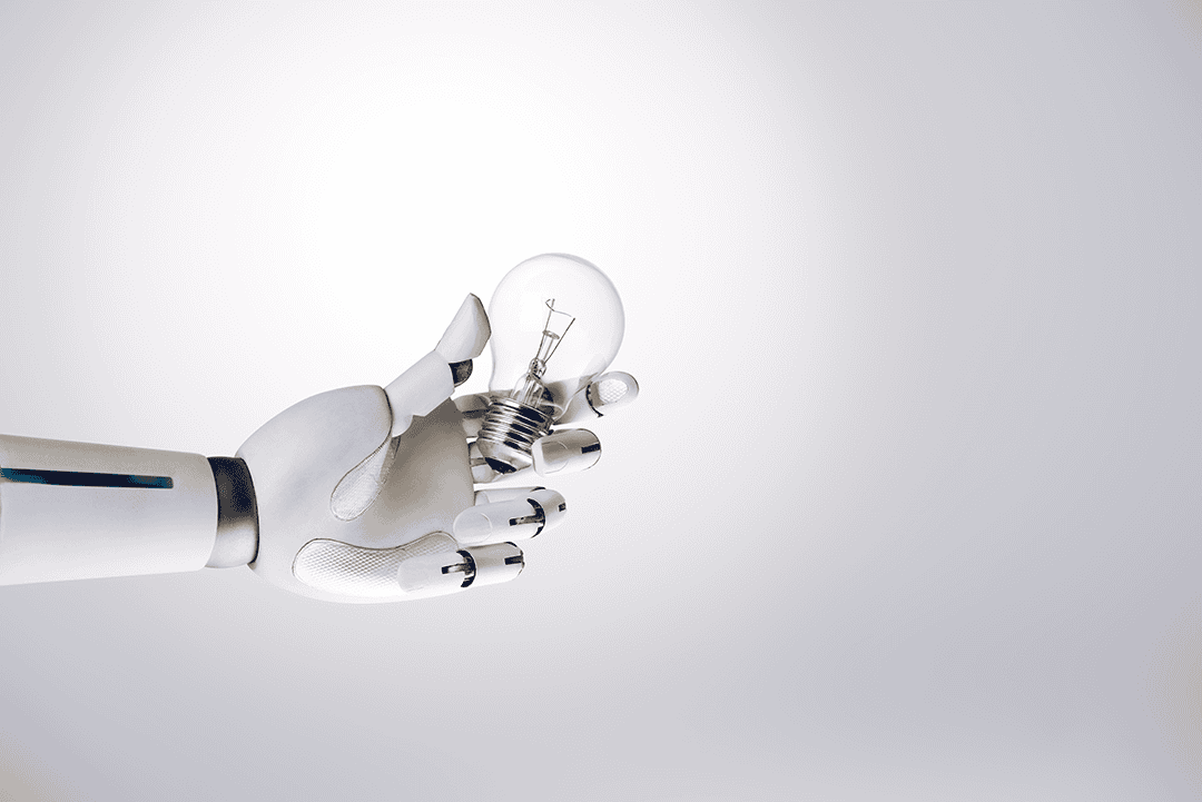 FutureTech Lightbulb held by a robotic hand, innovation, automation, technology development, futuristic, engineering.