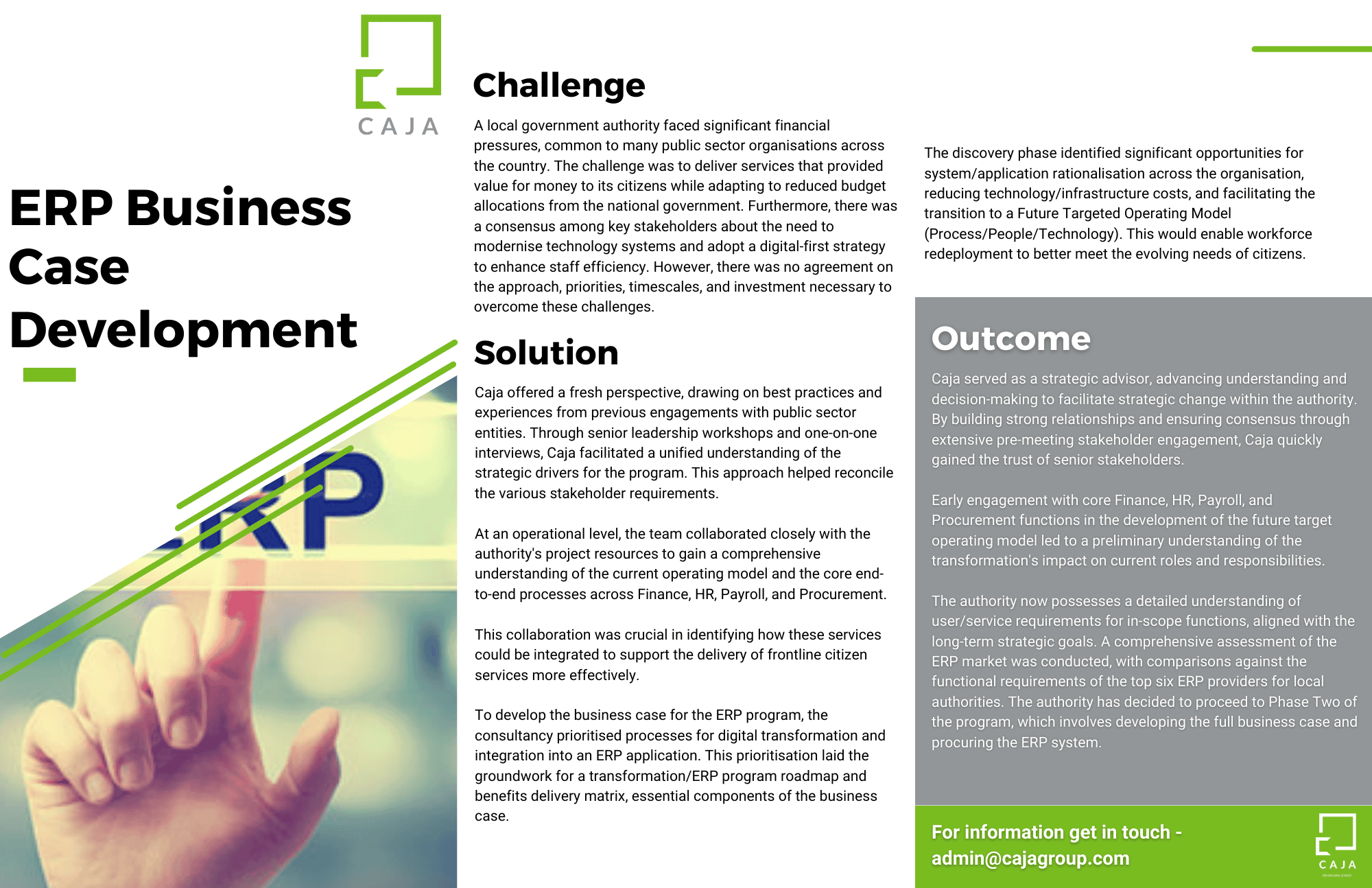 ERP business case development for public sector digital transformation and strategic stakeholder engagement.