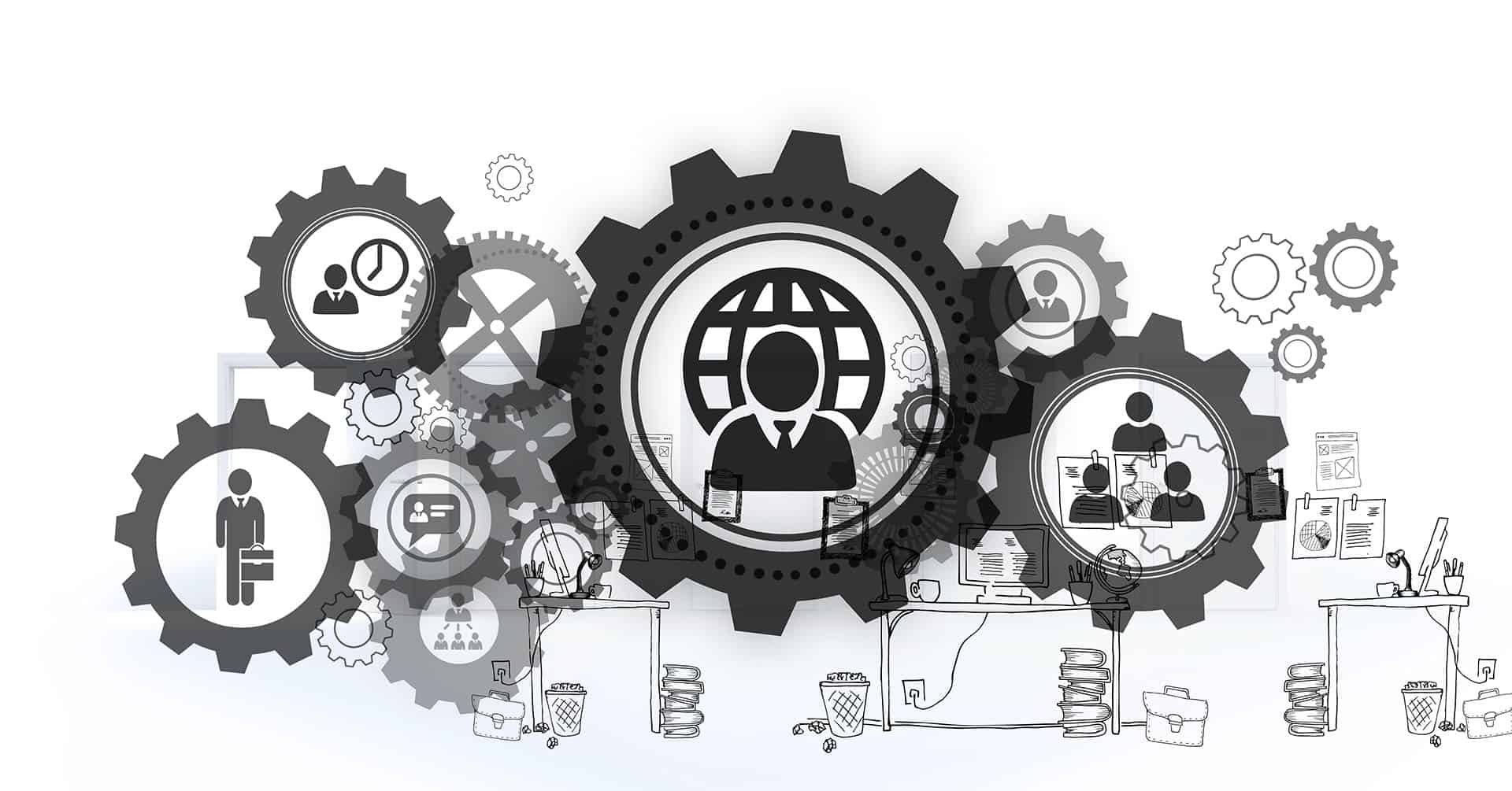 Professional business team working with gears and technology icons, symbolising corporate efficiency and innovation.